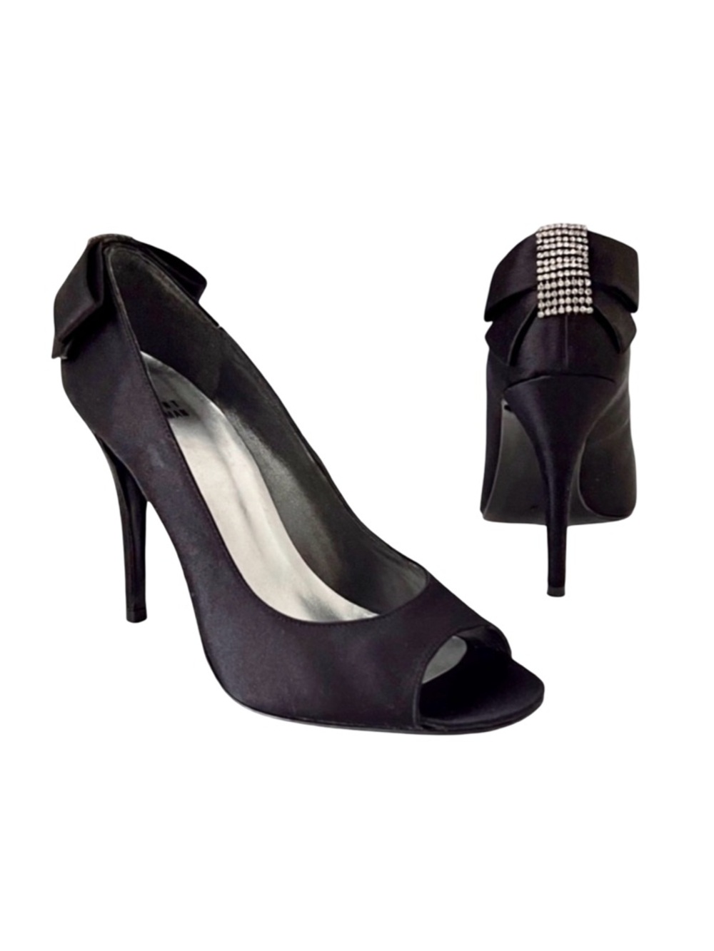 Stuart Weitzman cocktail Black Satin Peep Toe Heels with Bow Rhinestones Sz 8.5M